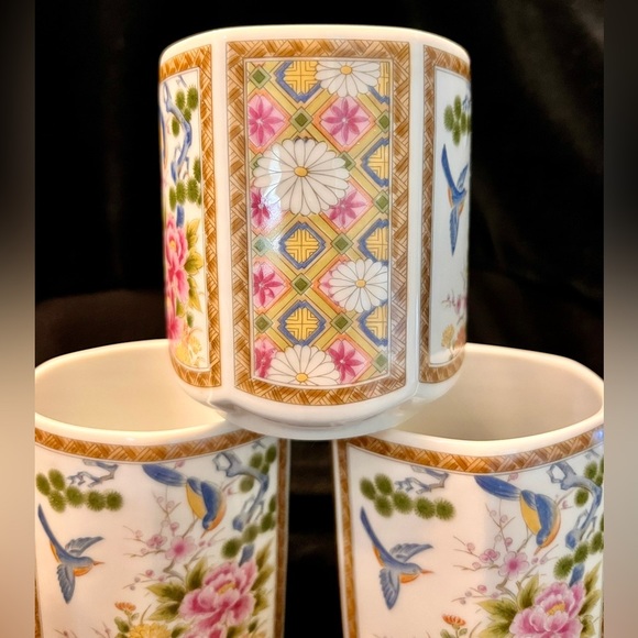 Homco Japan 4 Mugs Cups Hexagon Gilded Peonies Bluebirds Bridgerton China Gift - Picture 4 of 17